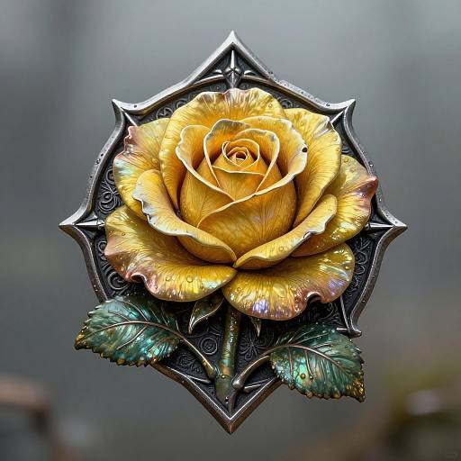 Photograph of a vibrant yellow rose with metallic, iridescent petals, surrounded by a spiked, ornate silver frame, and green leaves, against