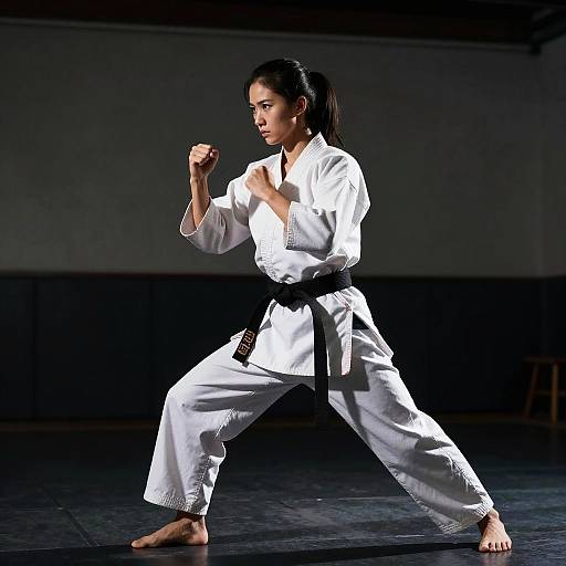 Photograph of a focused woman in a white karate gi and black belt, performing a front kick in a dimly-lit dojo.