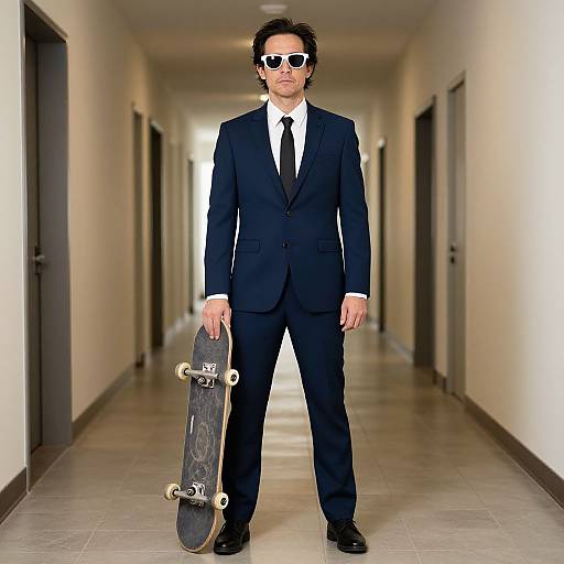 Photograph of a man in a black suit, white shirt, black tie, and sunglasses, holding a skateboard in a long, empty, beige hallway