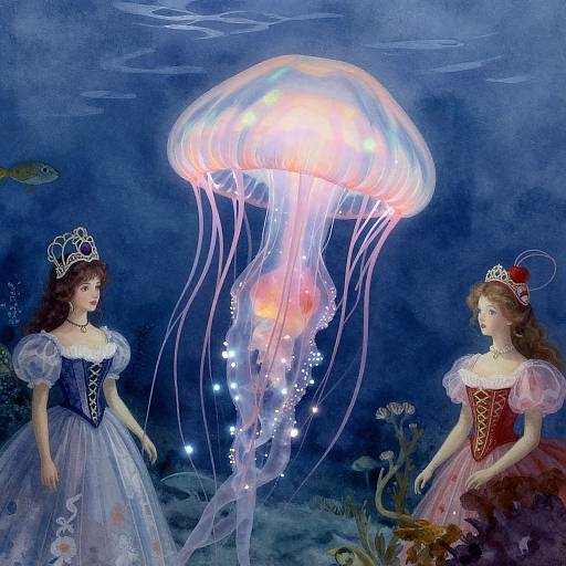 Digital painting: Two princesses in evening gowns and tiaras, surrounded by glowing jellyfish, underwater with dark blue hues and marine life.
