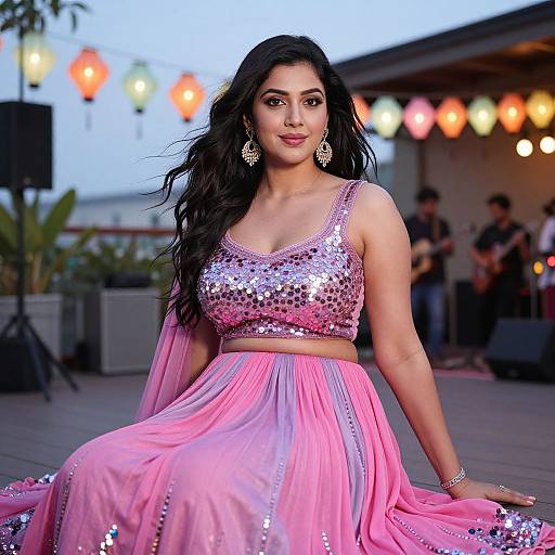 Photograph of a beautiful Indian woman with long black hair, wearing a pink sequined crop top and matching flowing skirt, sitting outdoors at dusk, with