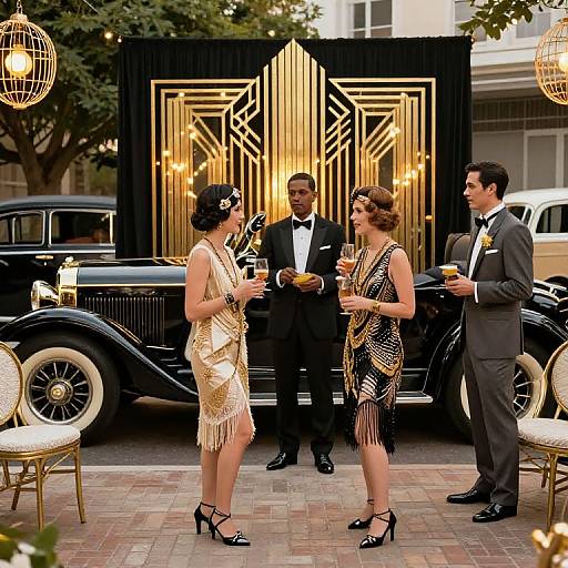 Vintage-themed party photograph: four elegantly dressed people in 1920s attire, standing in front of a black vintage car and gold geometric backdrop,