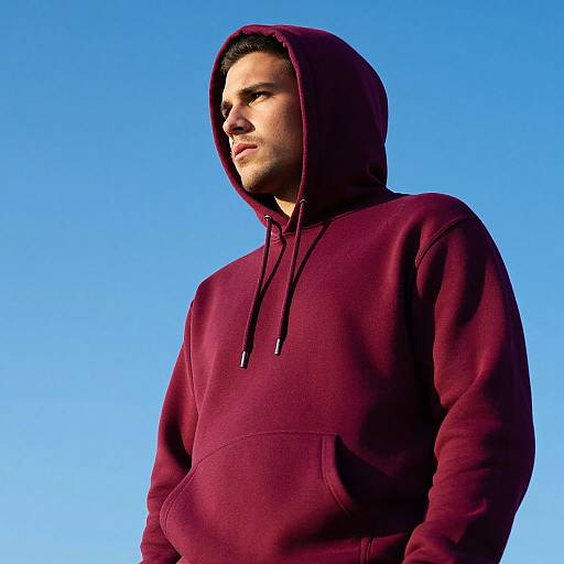 Photograph of a light-skinned man with short dark hair, wearing a maroon hoodie with a hood up, against a bright blue sky. He