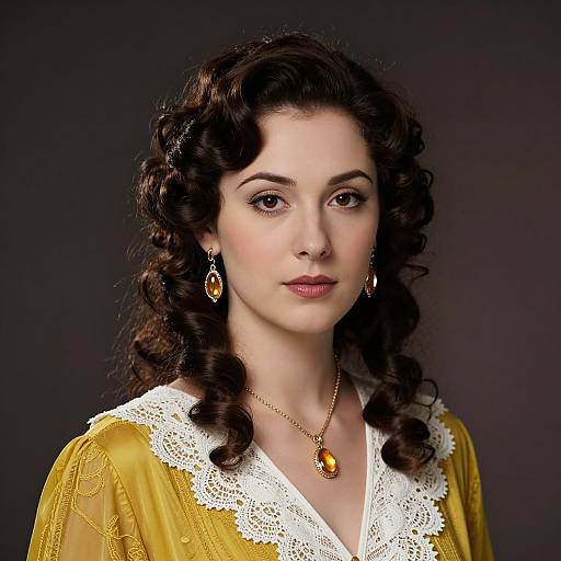 Photograph of a fair-skinned woman with curly brown hair, wearing a yellow lace-trimmed dress, gold necklace, and earrings, against a