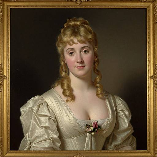 18th-century portrait of a fair-skinned woman with blonde curls, wearing a cream satin gown with puffed sleeves, dark background, gold frame.
