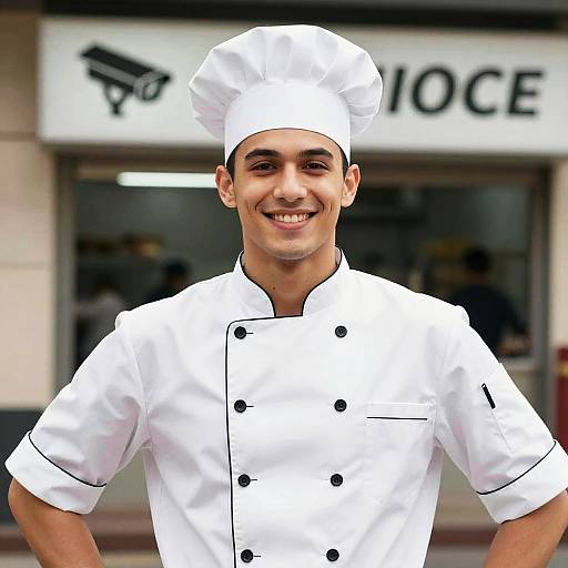 Photograph of a smiling young male chef with medium skin tone, wearing a white double-breasted uniform and tall chef hat, standing in front of a