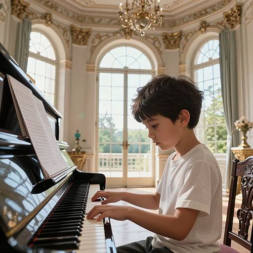 Photograph of a young boy with short black hair, wearing a white t-shirt, playing a black grand piano in an elegant, sunlit room with