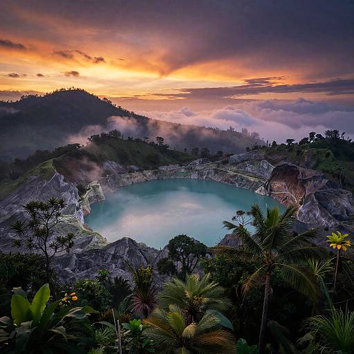 Photograph of a turquoise volcanic crater lake at sunset, surrounded by misty hills, lush tropical plants, and a dramatic orange-purple sky.
