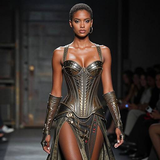 Photograph of a confident Black woman with short hair, wearing a metallic, strapless corset and arm armor, with high slits, walking a