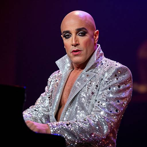 Photograph of a bald, fair-skinned man with dramatic dark eye makeup, wearing a shimmering, silver sequin jacket with open collar, standing