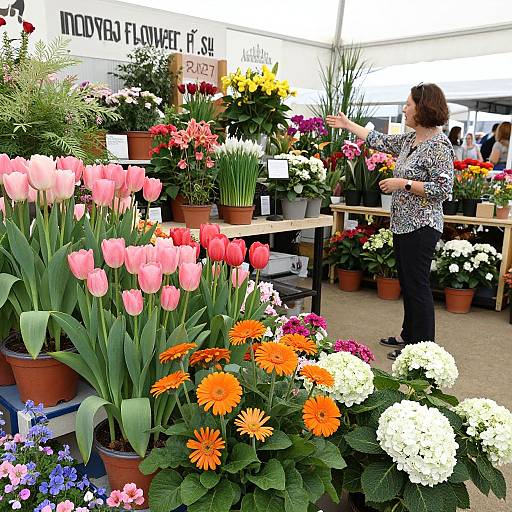 Photograph of a flower market stall with vibrant pink, orange, and white tulips, daisies, and hydrangeas. A woman with