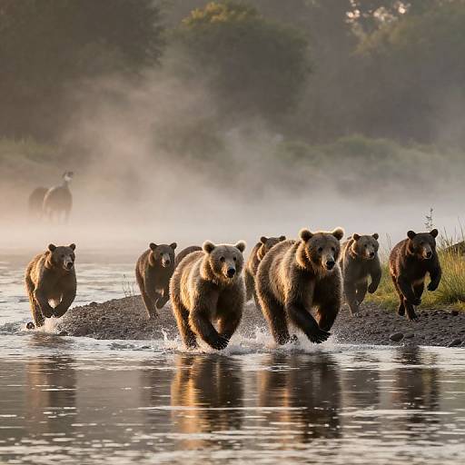 Photograph of a group of brown bears running across a misty river, creating splashes and reflections, with a forest backdrop.