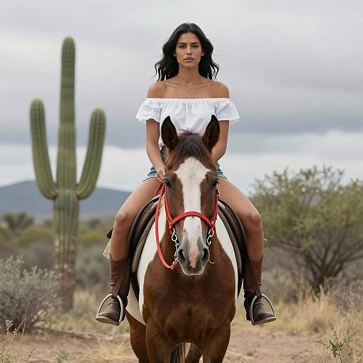 Calm Woman on Pinto Horse with Cactus