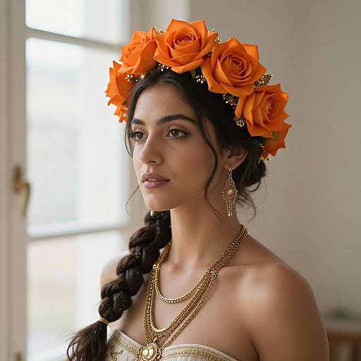 Photograph of a young woman with olive skin, dark braided hair, wearing an orange rose flower crown, gold necklace, and earrings, standing in