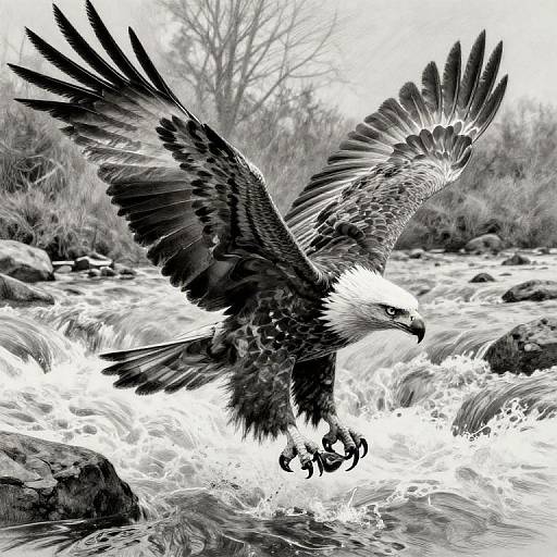 Monochrome photograph of a majestic bald eagle with outstretched wings soaring over a rushing, rocky stream, its sharp talons just above the water.