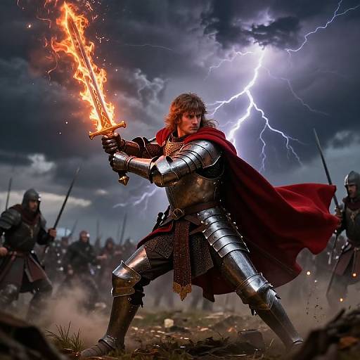 Epic fantasy photograph: armored warrior with fiery sword, red cape, lightning sky; stormy battlefield, armored soldiers in background. Dynamic, dramatic,