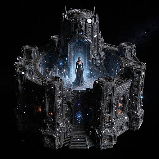 Digital art: A lone figure in a flowing blue gown stands at the center of a glowing, intricately detailed, gothic-style spacecraft against a star
