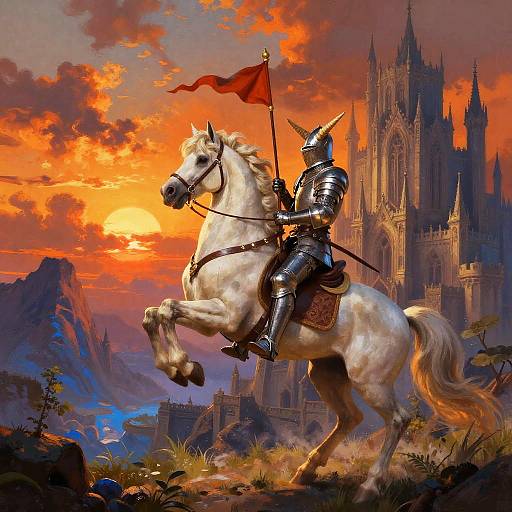 Knight on Rearing Unicorn at Sunset