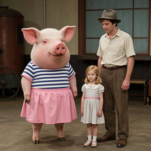 Photograph of a man in a hat, white shirt, and brown pants, standing beside a giant pig in a striped shirt and pink skirt, and