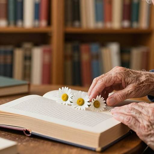 Elderly Hands with Daisies in Library