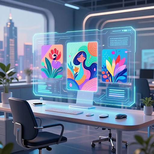 Digital art workspace: Neon blue holographic screens displaying vibrant, abstract flower designs on dual monitors, modern office setting, black chair, white desk, p