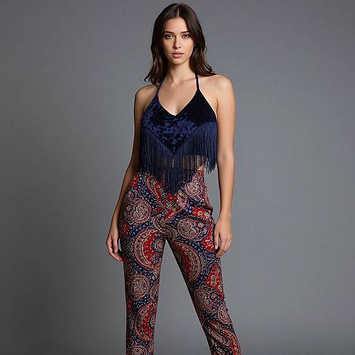 Photograph of a slim, dark-haired woman in a black fringe halter top and patterned red, blue, and white pants, standing against a