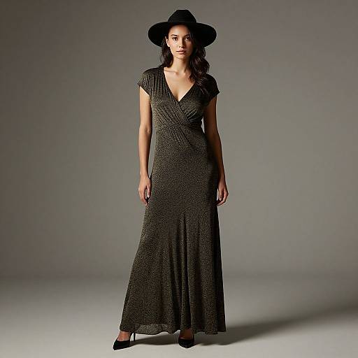 Photograph of a confident woman with long wavy hair, wearing a black wide-brimmed hat, V-neck black lace dress, and black high