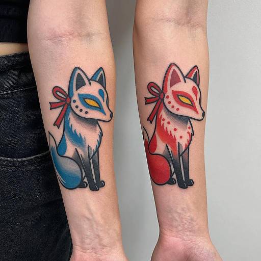 Stylized Fox Masks on Tattooed Arms