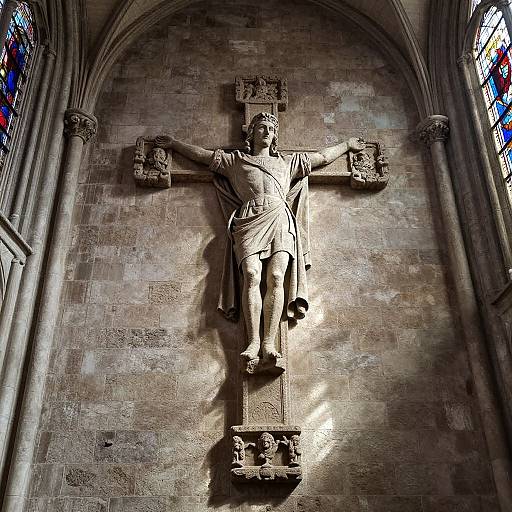Photograph of a detailed stone crucifix with outstretched arms, set in a stone wall, illuminated by colorful stained glass windows in a Gothic-style