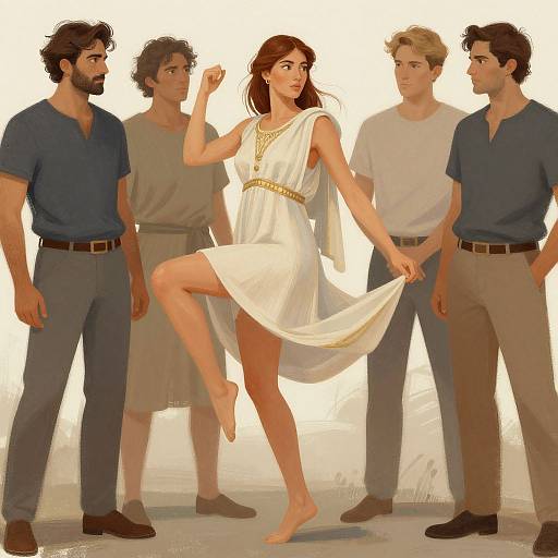 Digital illustration of a redheaded woman in a white, gold-accented dress, dancing barefoot between four men in casual blue and beige shirts and