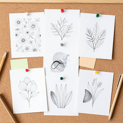 Photograph of six ink-drawn plant sketches on white paper, pinned with colorful pushpins on a corkboard; two pencils, a ring, and