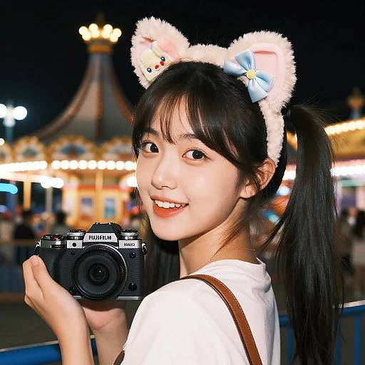 Photograph of a smiling Asian woman with black pigtails, wearing fuzzy cat ears and a white shirt, holding a Nikon camera at a brightly lit