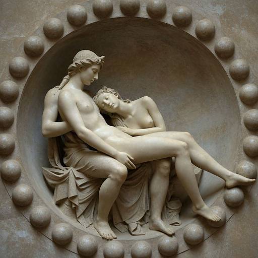 Photograph of a classical marble sculpture depicting a seated, clothed woman cradling a reclining, nude woman within a round, beaded niche