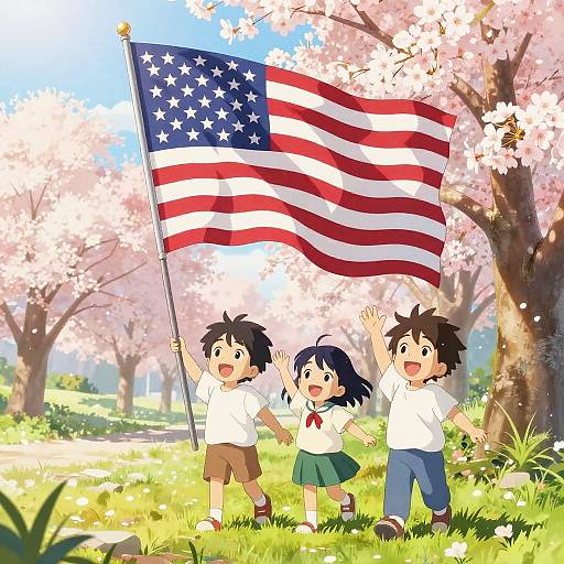 Anime-style drawing of three children waving an American flag under cherry blossom trees in a sunny, grassy park.