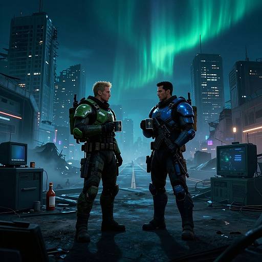 Digital CGI image of two armored soldiers standing in a dark, futuristic cityscape with neon auroras, surrounded by damaged buildings and debris.