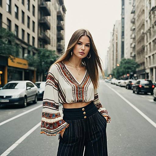 Fashion Model with Fringed Straight Hair in City