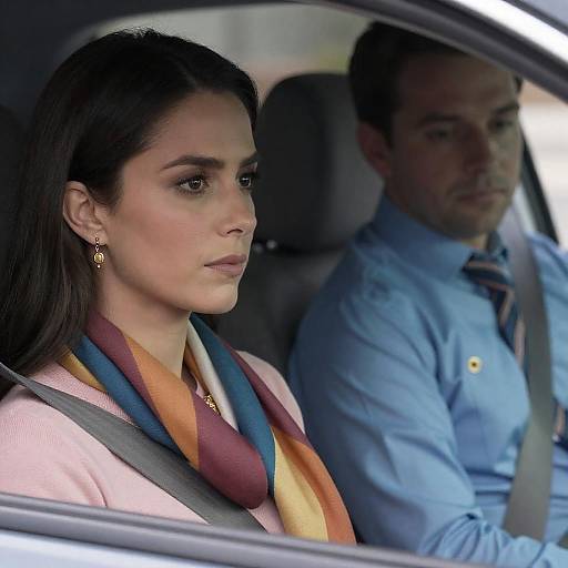 Photograph of a serious-looking woman with long dark hair, wearing a colorful scarf and pink coat, seated beside a focused man in a blue shirt,