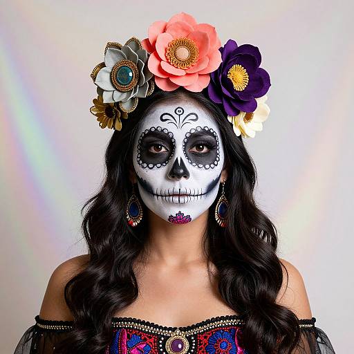Photograph of a woman with black hair, white sugar skull face paint, colorful flower headpiece, purple lips, and elaborate earrings. Wearing a