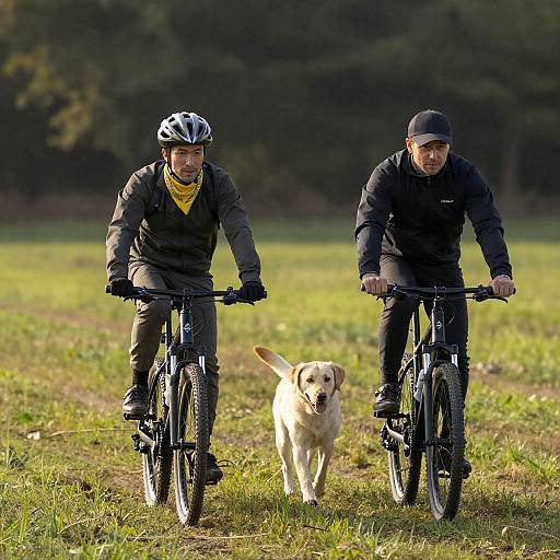 Two Cyclists and Labrador in Sunlit Field