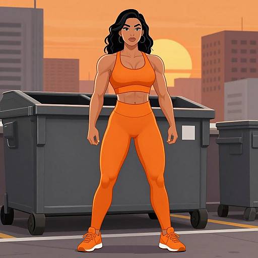 Digital artwork of a muscular, tan-skinned woman in orange sports bra and leggings, standing confidently between trash bins at sunset in a cityscape.