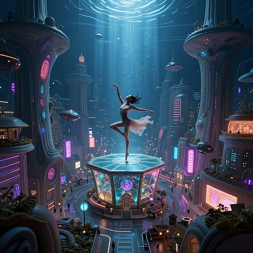 Digital CGI artwork: A futuristic cityscape with glowing neon lights, towering structures, and a dancing woman in a white dress on a radiant circular stage,