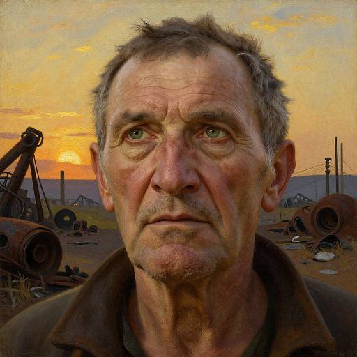 Digital portrait of a weathered, middle-aged man with short gray hair, intense gaze, and rugged features, set against a sunset sky with industrial junk
