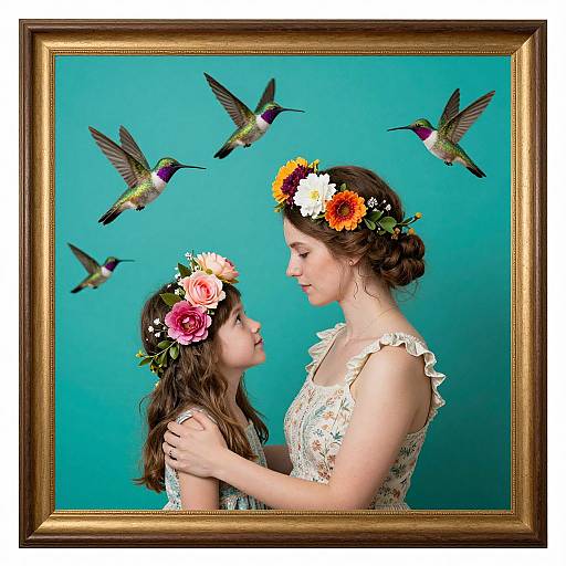 Photograph of a woman with a floral crown, lace dress, and young girl, both adorned with flower crowns, facing each other, surrounded by