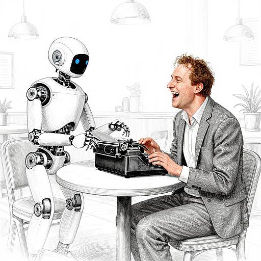 Photograph-style digital art of a laughing man in a gray suit, seated at a table with a smiling robot, typing on a black typewriter.
