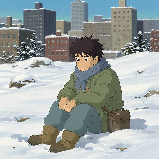 Anime-style drawing of a young man with black hair, green jacket, blue scarf, and brown boots sitting in snow, cityscape background. He has