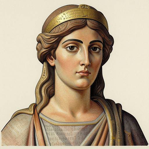 Digital artwork of a classical-style portrait of a young woman with brown hair, gold headband, and draped gray robe, featuring detailed facial features and realistic