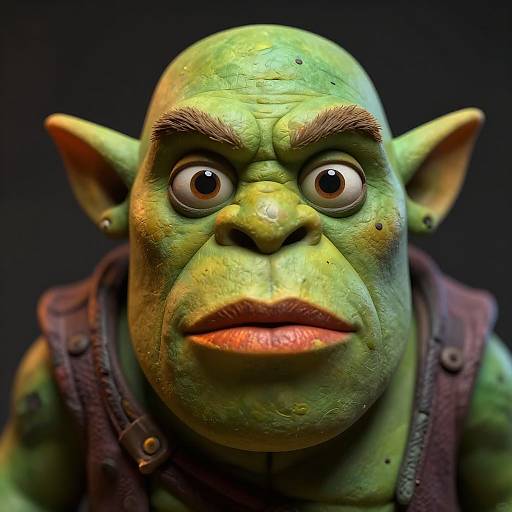 Photorealistic CGI of a green-skinned, bald goblin with large ears, intense brown eyes, and a serious expression, wearing a brown leather