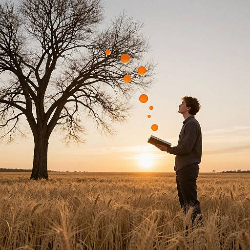 Photograph of a man in a dark jacket standing in a golden wheat field, throwing orange orbs towards a bare tree at sunset.