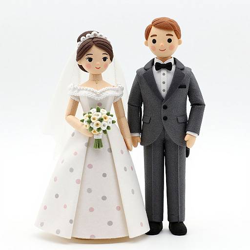 Photograph of a wedding doll couple: bride in white polka-dot dress with bouquet, groom in black pinstripe suit, standing closely.