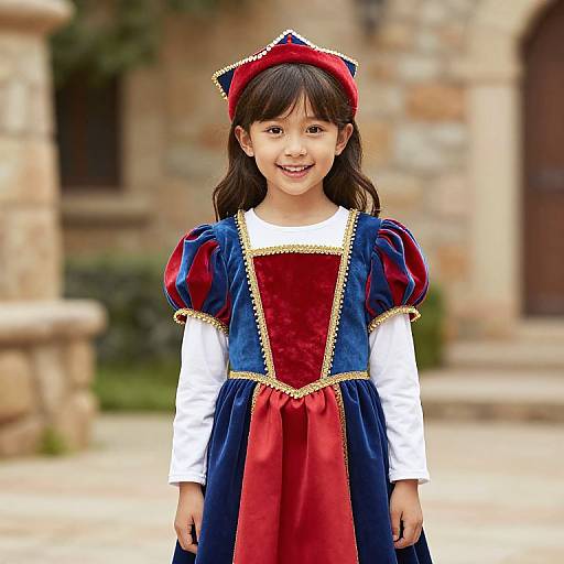 Photograph of a young girl with long dark hair, wearing a Snow White-inspired dress with blue velvet, red velvet, and white blouse, red bow